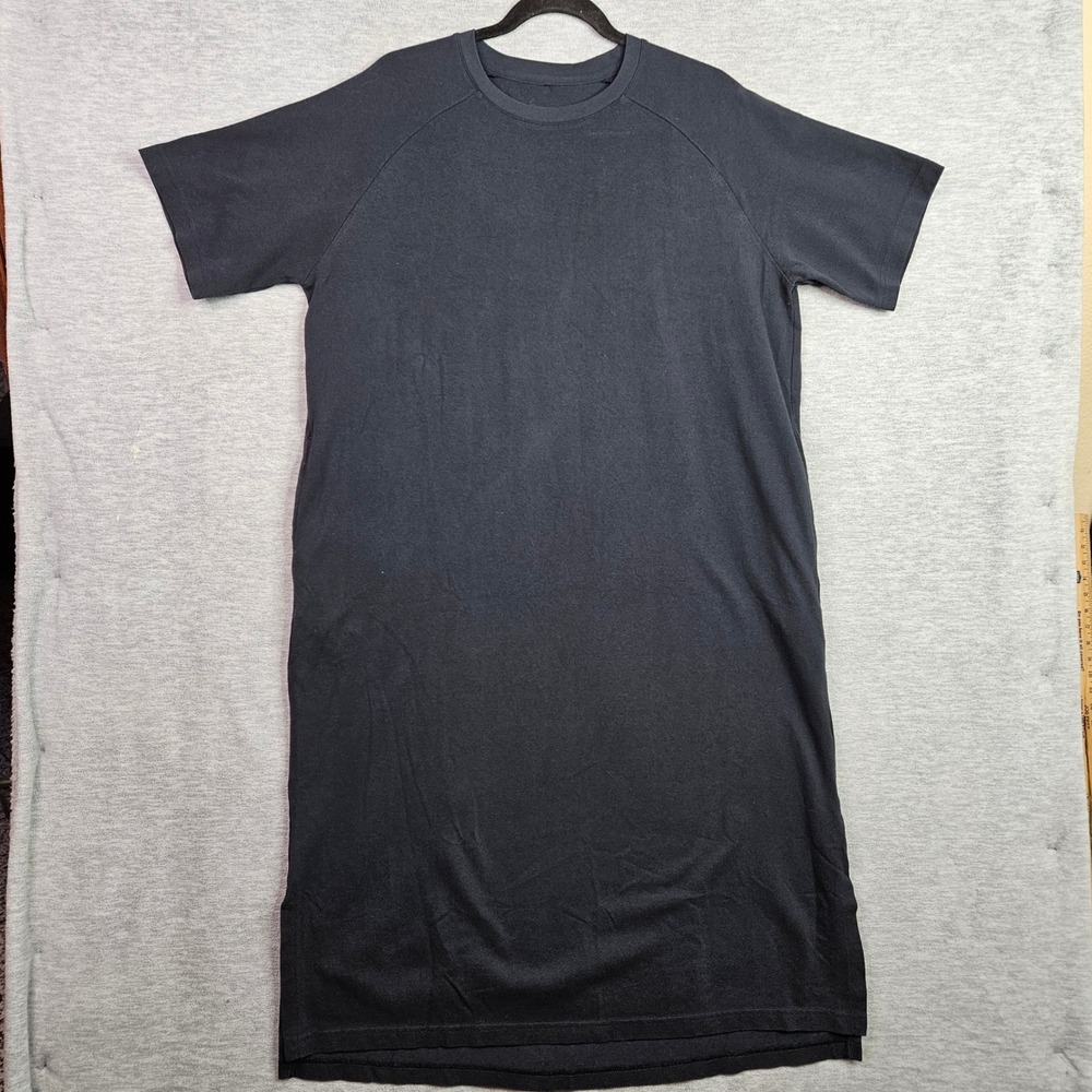 Muji Black Cotton Pique Raglan Short Sleeve Midi T-Shirt Dress Side Slits Sz L